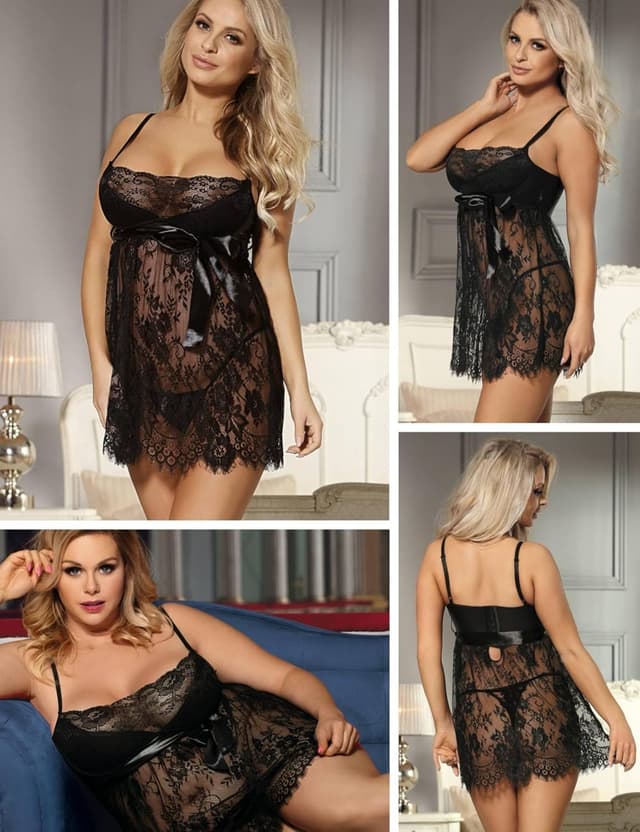 Detalle 2 de ohyeahlady Sexy Lingerie Set Babydoll with Eyelash Lace, Mesh Chemise & Thong