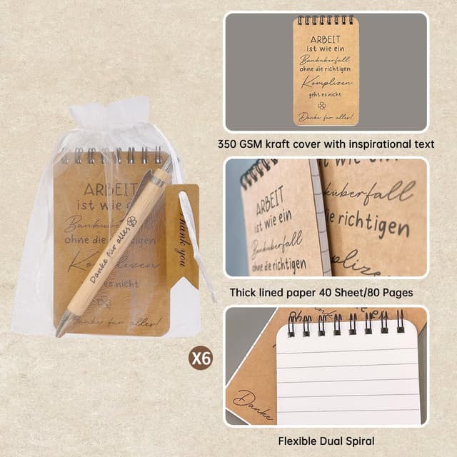 Detalle de Dankeschön Geschenk für Kollegen: Notizblock-Kugelschreiber-Set im 6er-Set (Abschiedsgeschenk)