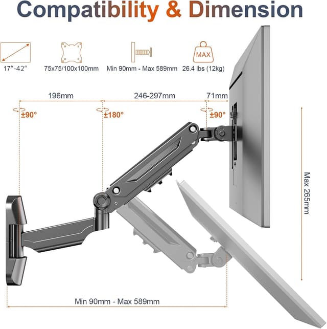 Detalle de PUTORSEN 17–42 Zoll Monitor-Wandhalterung (Gasfeder) für PC & TV bis 12 kg, VESA 75/100