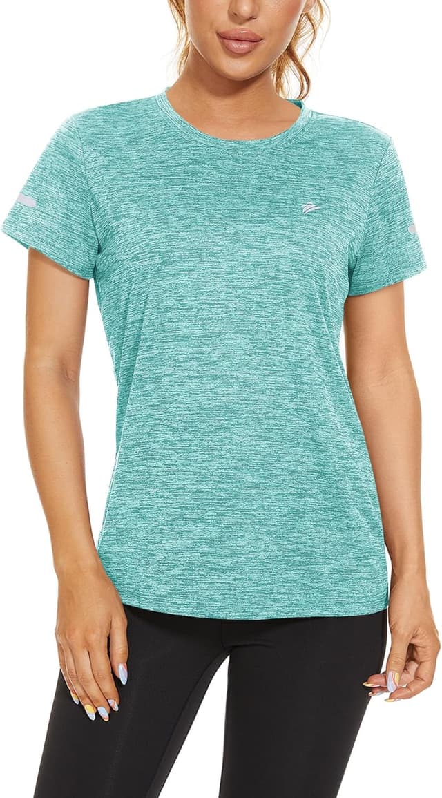 Detalle 2 de KEFITEVD Melange Sportshirt Damen Kurzarm mit Reflektionsstreifen – atmungsaktives Stretch Funktionsshirt (Regular Fit)