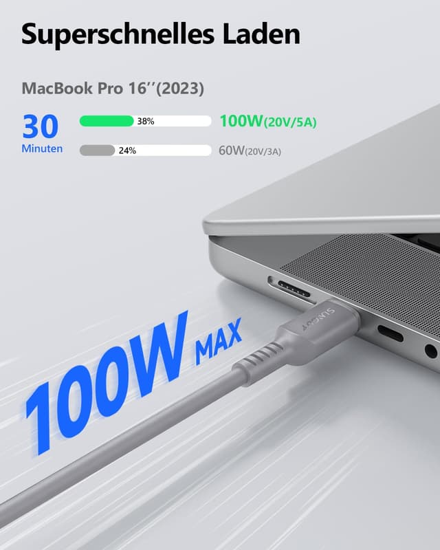 Detalle de SUNGUY USB‑C Kabel 2 m (2er‑Set) mit 100W Schnellladung, Silikon, E‑Marker – grau