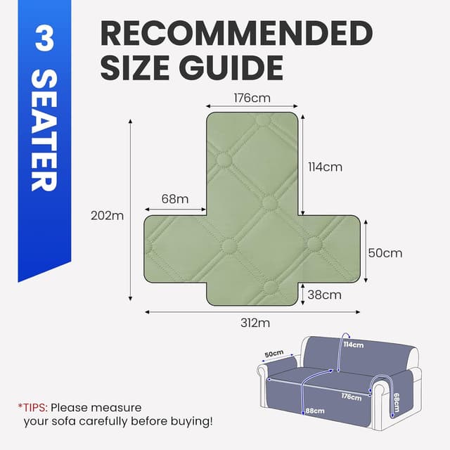 Detalle de Ystyle copridivano impermeabile trapuntato 3 posti con braccioli, antigraffio e antiscivolo, verde menta