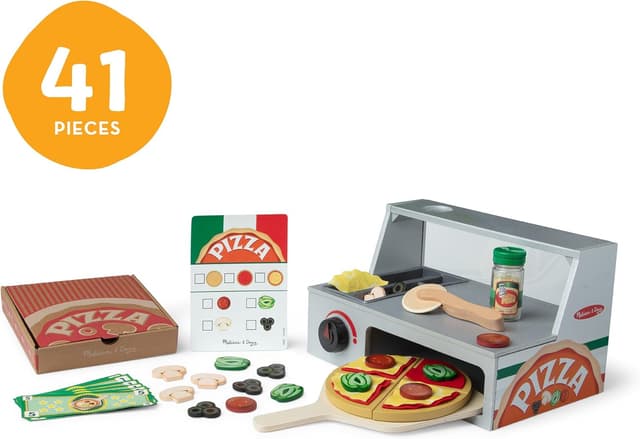 Detalle de Melissa & Doug Holz-Pizzeria (41-teilig) – Pizza-Set für Rollenspiel ab 3 Jahren