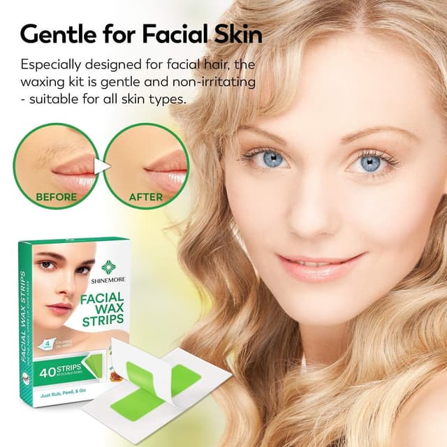 Detalle de ShineMore Facial Wax Strips for Hair Removal (40 Strips + 4 Calming Oil Wipes) for Face, Eyebrow, Upper Lip, and Chin