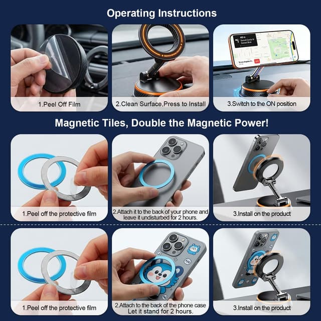 Detalle de Uprosdik Black Magnetic Phone Holder for Car with 3000gf N55 magnet and 360° adjustment (Orange)