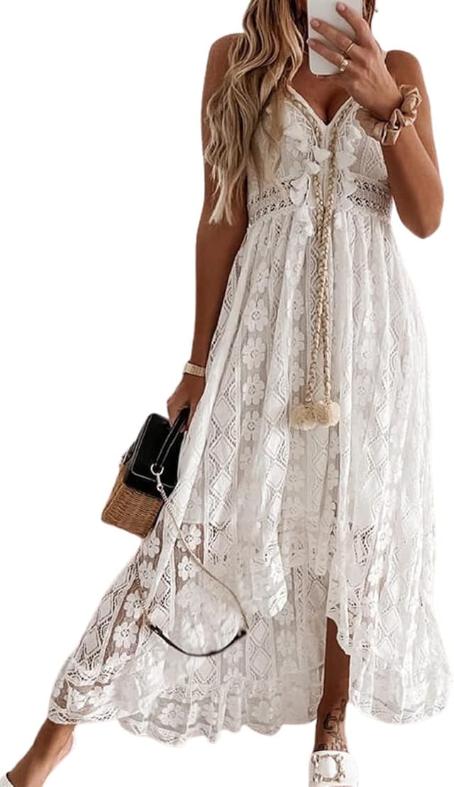 Detalle de CUPSHE Women’s Summer Slip Boho Maxi Dress with Lace-Up Tassels & V-Neck