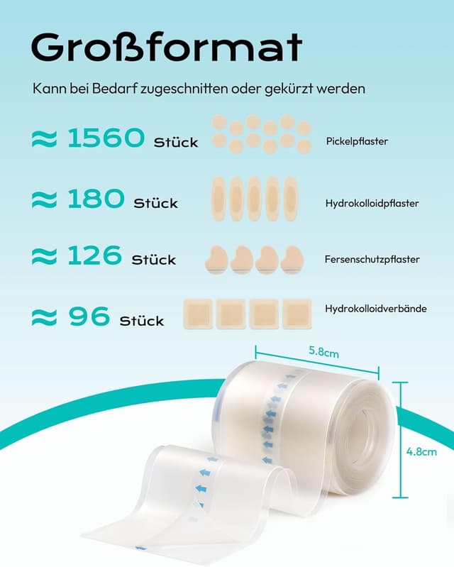 Detalle de daidora Hydrokolloid-Rolle Gesundheitspflaster 5×300 cm (Pickel Patch Rolle) mit Positionierstreifen