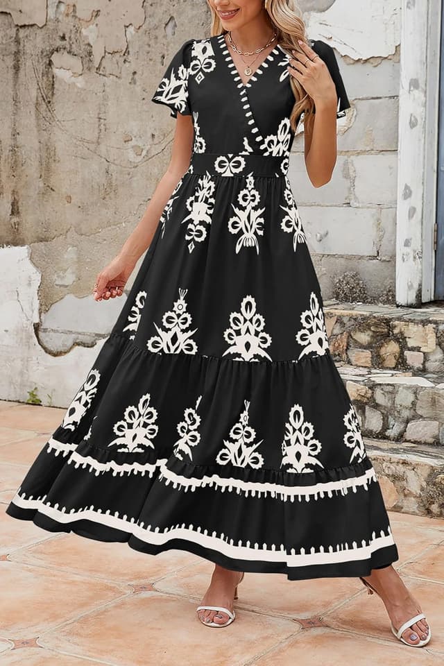 Thumbnail 6 de PRETTYGARDEN V-Neck Boho Maxi Dress for Women (Tiered Floral with Pockets, Bell Sleeves)