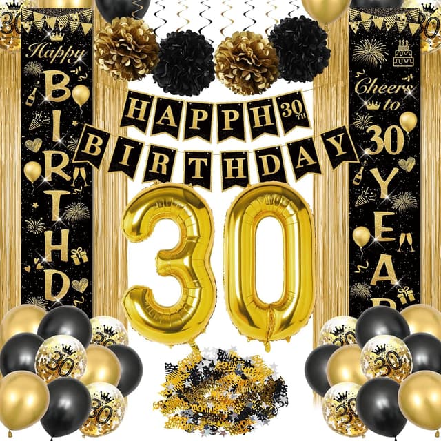 Detalle de Décoration anniversaire 30 ans noir et or : ballons, bannière “Joyeux Anniversaire” et accessoires