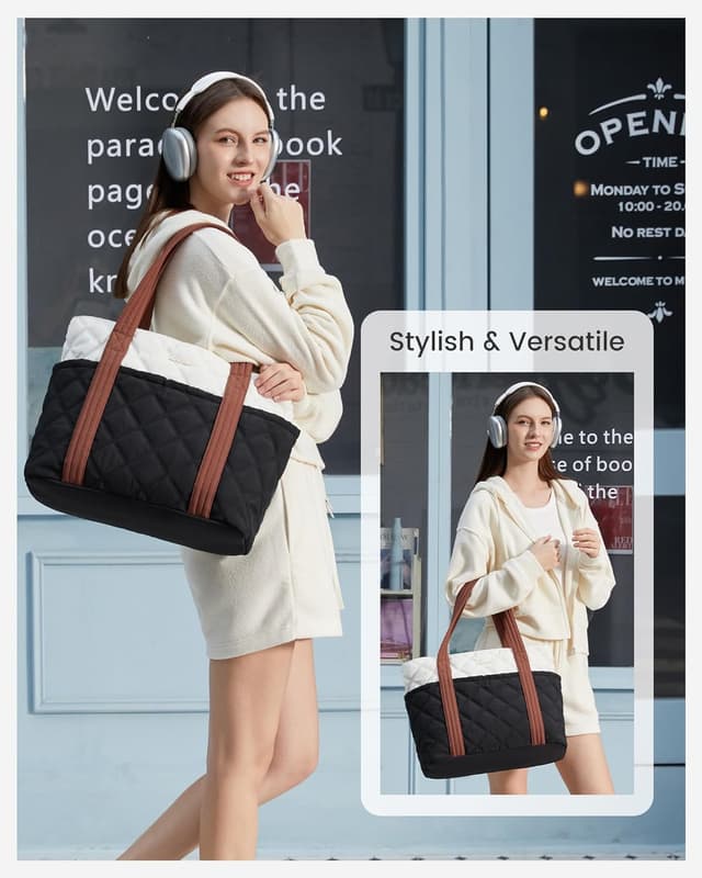 Detalle de LOVEVOOK Shopper Tasche Damen groß mit 17,3-Zoll-Laptopfach – leichte Puffer Tote Bag für Uni, Büro & Reisen
