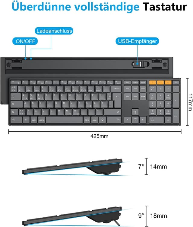 Thumbnail 6 de OMOTON kabellose Bluetooth-Tastatur mit Metallgehäuse (2,4G + BT), beleuchtet, Multi-Device, deutsches QWERTZ