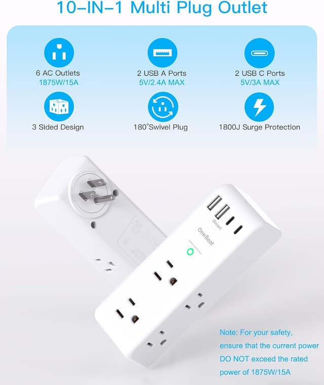 Detalle de Surge Protector Outlet Extender with Rotating Plug — 6 AC Outlets + 4 USB (2 USB-C), 1800J surge protection