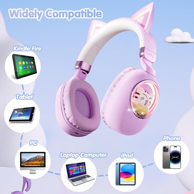Detalle de esonstyle Cat Ear Kids Headphones (Bluetooth 5.4) with 85dB Safe Volume Limit, Mic + Wired 3.5mm/USB-C