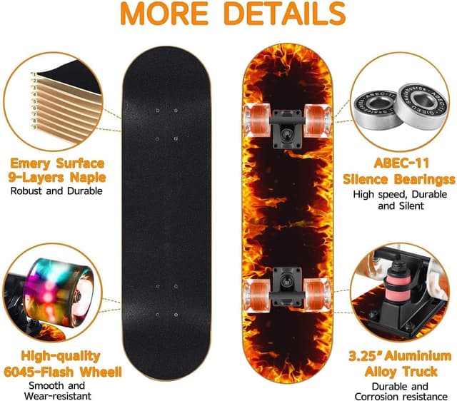 Detalle de GIEEU Komplett-Skateboard mit blinkenden Rädern, 9-Lagen Ahorn-Deck (78,7 x 20,3 cm) – für Anfänger bis Geübte
