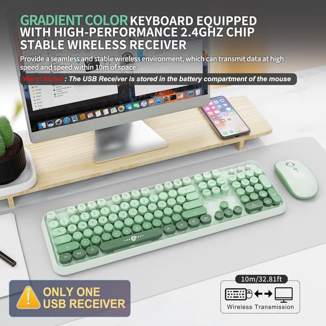 Detalle 2 de FOPETT Wireless Keyboard and Mouse Combo (2.4G) with 104 Round Keys — Green Gradient