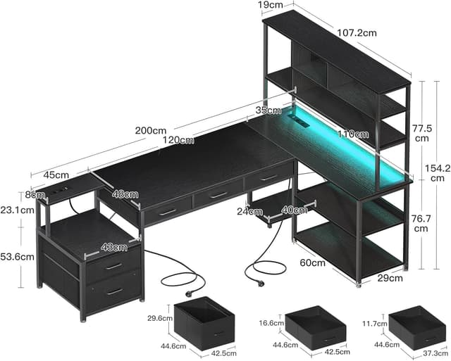 Detalle 2 de Coleshome Eckschreibtisch mit 5 Schubladen, 4 Regalen, LED & Steckdosen/USB (L-Form, 200×110 cm) – Schwarz
