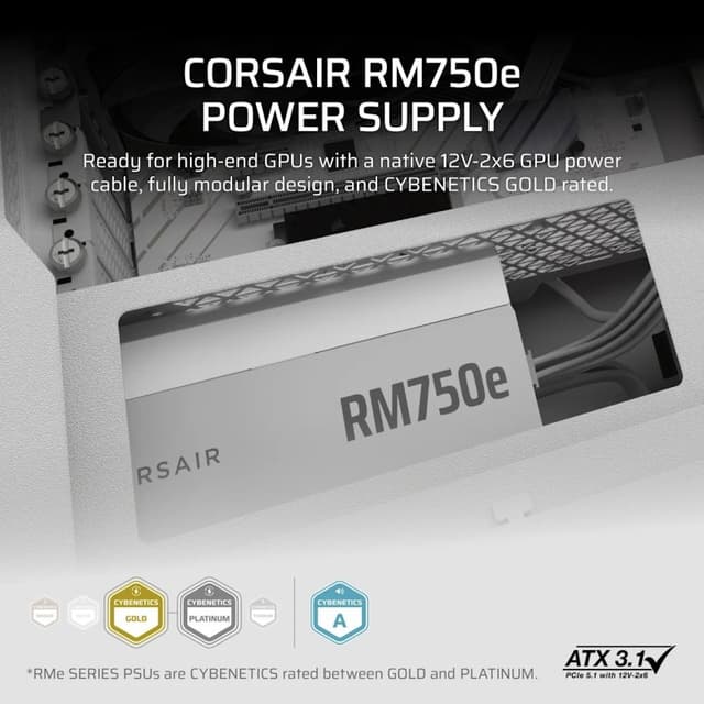 Detalle 2 de Corsair RM750e 750W fuente ATX 3.1 modular blanca 🖥