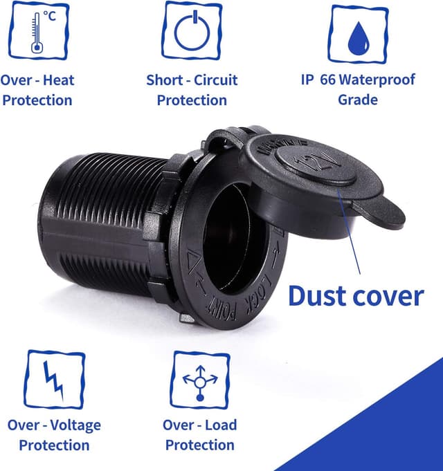 Detalle 2 de Yizerel 3 Pack 12V/24V Waterproof Cigarette Lighter Socket Plugs (IP66) for Cars, Motorbikes, Boats & More