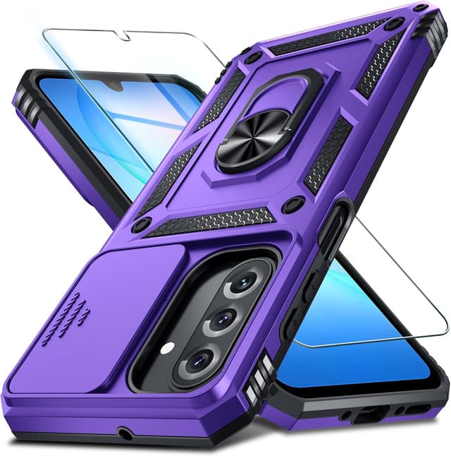 Detalle de Janmitta Compatible with Samsung Galaxy A17 5G Purple Case with Slide Camera Lens Cover, Kickstand, and Tempered Glass Screen Protector