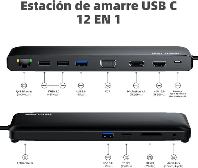 Detalle 2 de WAVLINK Estación USB-C 3 Monitores 📺 HDMI, DP, VGA, 100W PD