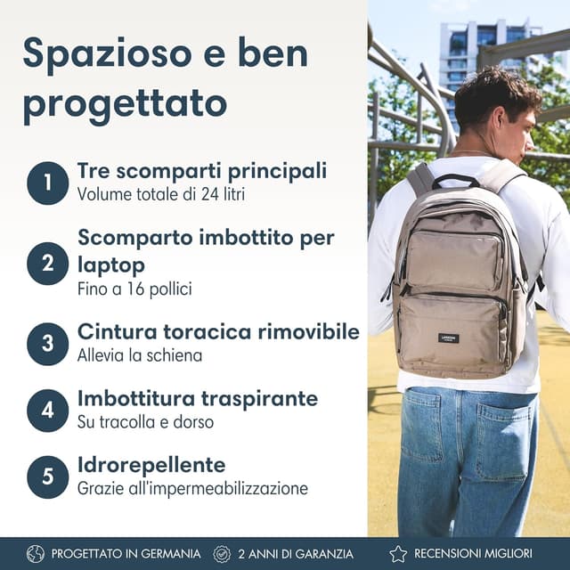 Detalle de LARKSON Zaino Scuola Grigio No 3 Advanced con porta PC fino a 16 pollici, 24L e tessuto in PET riciclato