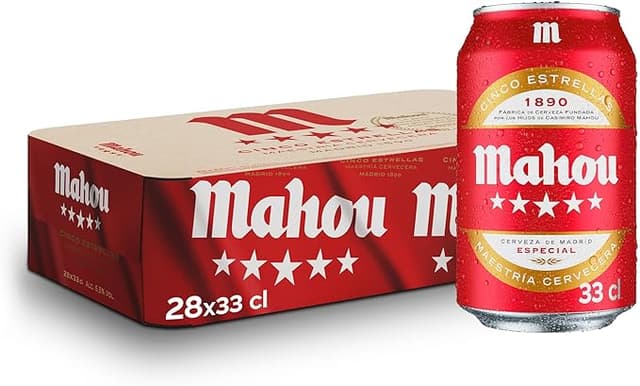 Detalle de Mahou 5 Estrellas, Pack 28 Latas 33 cl 🍺 Cerveza Dorada