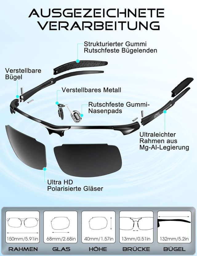 Detalle 2 de ATTCL Herren-Sonnenbrille sportlich polarisiert mit UV-Schutz (Wrap-Around, leichtes Al‑Mg-Gestell)