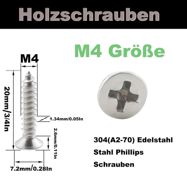 Detalle 2 de Fajoeda 120x Holz-/Blechschrauben M4 x 20 mm Flachkopf Kreuzschlitz aus A2-70 (304)