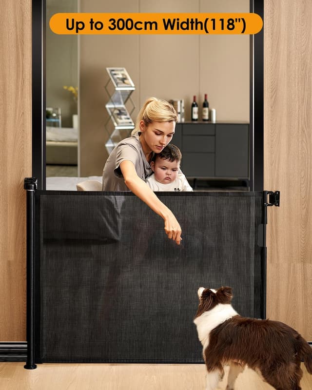 Detalle de Derimkcoa Retractable Mesh Baby or Dog Gate (86cm tall, up to 300cm wide) - Black