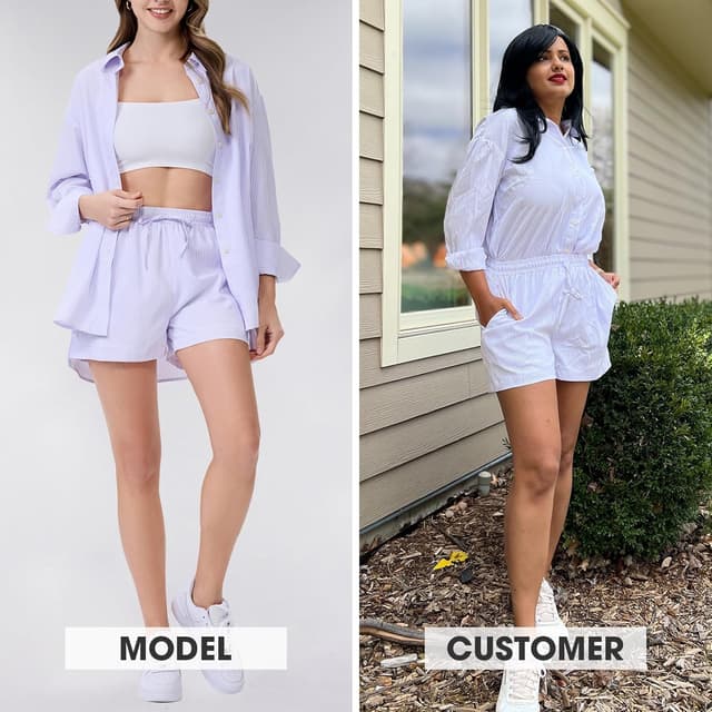 Detalle 2 de EXLURA Women’s Cotton Summer 2-Piece Set (Long Sleeve Button-Down Shirt + High-Waist Shorts)