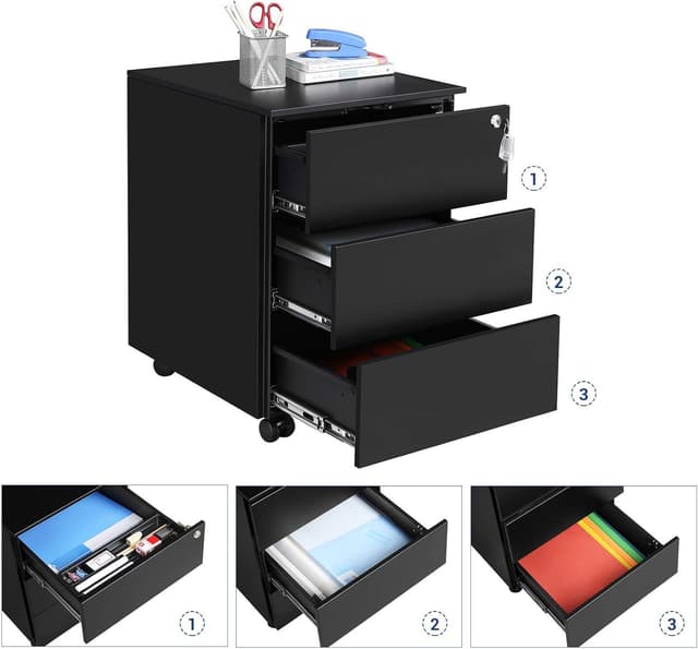 Detalle 2 de SONGMICS OFC63BK Cassettiera da ufficio con ruote e chiusura, 3 cassetti per scrivania (45 x 39 x 54 cm) in nero opaco