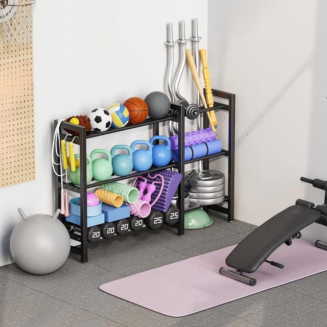 Detalle de Rastrelliera per manubri a 3 livelli da 127 cm con spaziatura regolabile, per palestra domestica