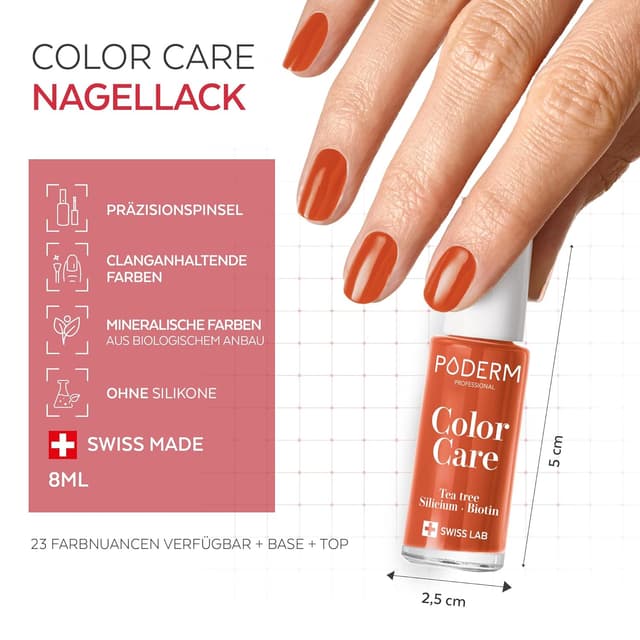 Detalle de PODERM TEEBAUM-Nagellack Color Care Mango – 2-in-1 Pflege & Farbergebnis für gelbe oder brüchige Nägel