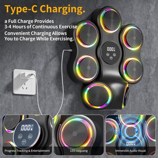 Detalle 2 de Macchina da boxe musicale con Bluetooth e luci LED, guantoni inclusi, attrezzatura per casa e palestra