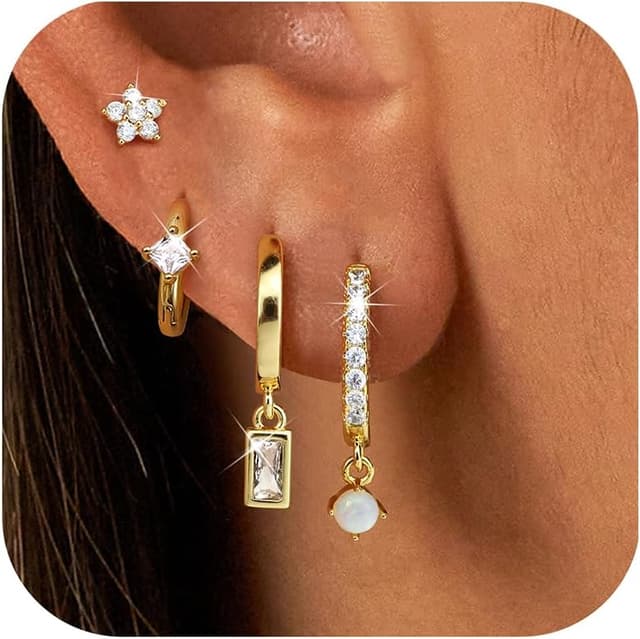 Thumbnail 6 de Roheafer 4 Paar Gold-Ohrringe Set für Damen (14K vergoldet) – kleine Ohrstecker, Creolen & Helix-Piercings
