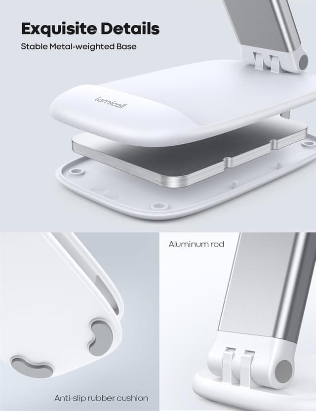 Detalle de Lamicall Adjustable Phone Stand for Desk (Foldable Metal Base) – White, for 4"–8" phones & tablets