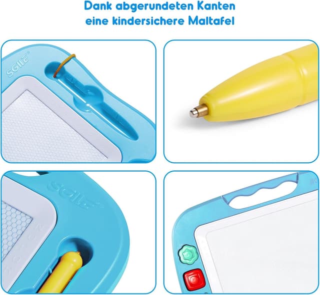 Detalle 2 de SGILE große magnetische Maltafel Zaubertafel für Kinder (42 x 32 cm), hellblau mit Stift und 4 magnetischen Stempeln