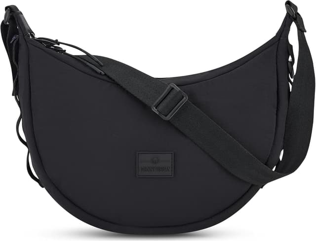 Detalle de Johnny Urban Kaia Medium Puffer Moon Bag bandoulière en nylon noir, demi-lune imperméable (sacoche demi lune)