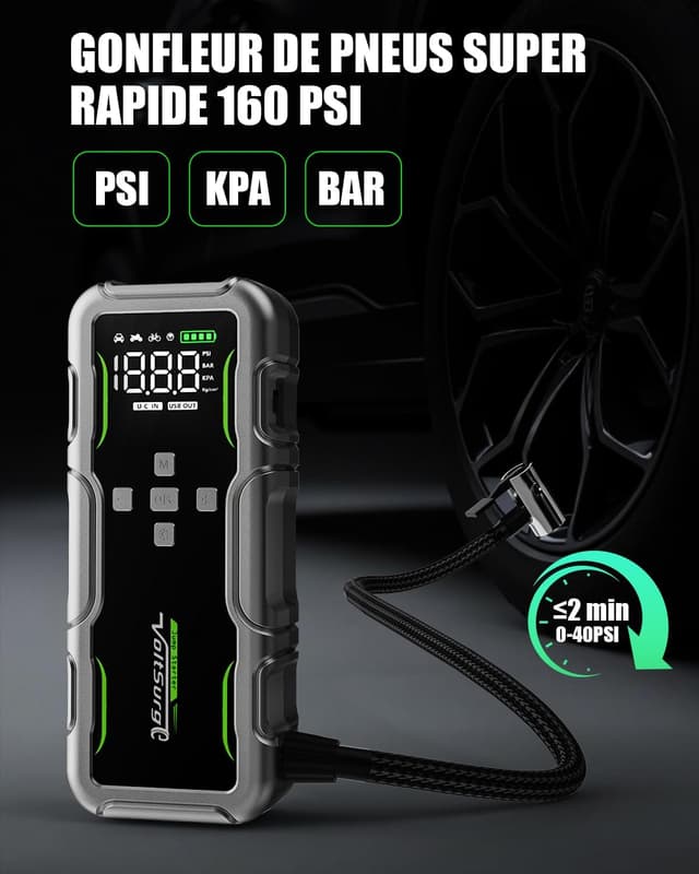 Detalle 2 de VoltSurge 7000A : arrancador de batterie 12V avec compresseur 160 PSI et écran LCD