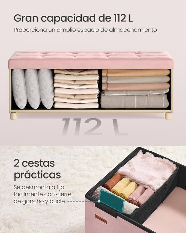 Thumbnail 5 de SONGMICS Puff Almacenaje 112 L terciopelo rosa