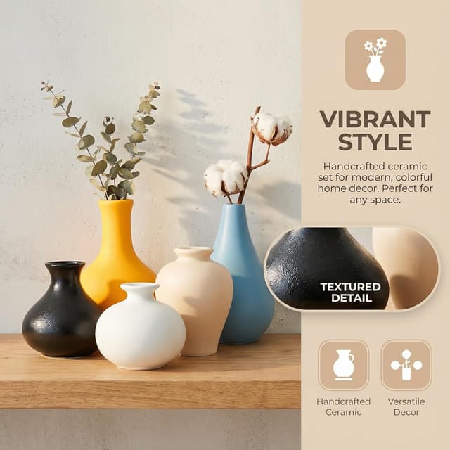 Detalle de Keramik Vasen 5er-Set – kleine Blumenvasen für moderne Deko, Pampas & getrocknete Blumen