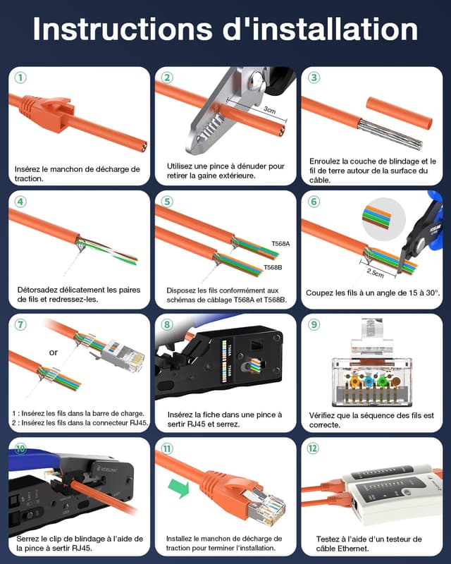Detalle de VCELINK (2e génération) lot de 10 connecteurs RJ45 Cat7/Cat6A blindés avec passe-fil et protection anti-torsion