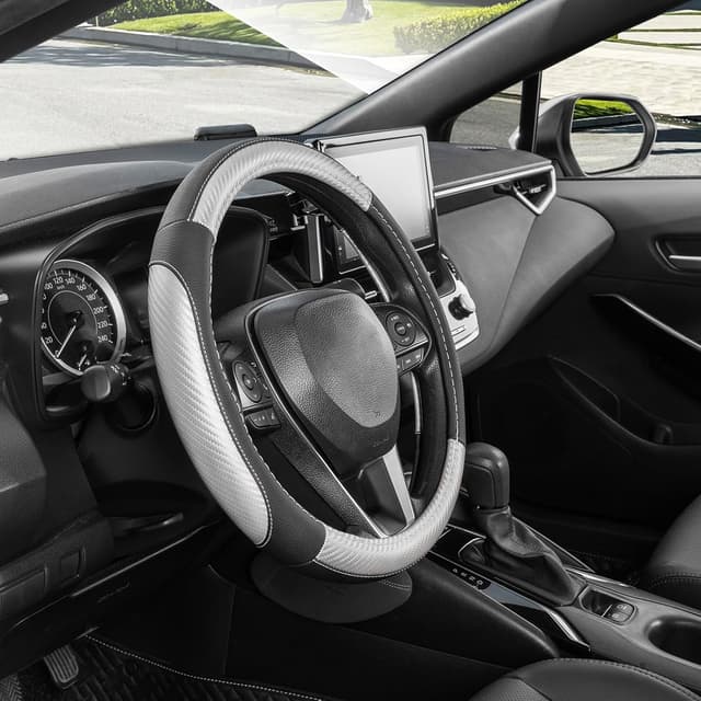 Thumbnail 6 de SEG Direct couvre-volant microfibre cuir noir et argent (35,5–36 cm) pour Prius, Civic, Model 3, Model Y et Camaro