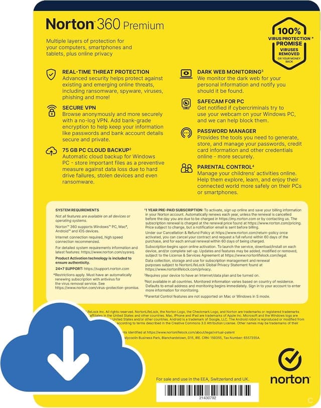 Detalle de Norton 360 Premium 2025 Antivirus Software (10 devices, 15-month subscription) with Secure VPN & Password Manager