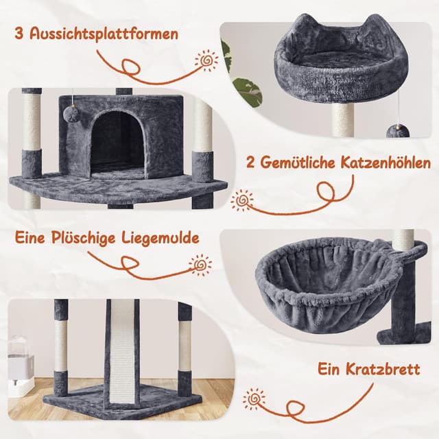 Detalle de Yaheetech Kratzbaum 193 cm XXL deckenhoch mit 8 Sisalstämmen, 2 Katzenhöhlen & 3 Aussichtplattformen (dunkelgrau)
