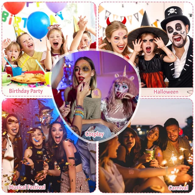 Detalle 2 de Highttoy Glitzer Tattoo Set für Mädchen – 38 Farben, 150 Schablonen, 5 Pinsel und 3 Kleber