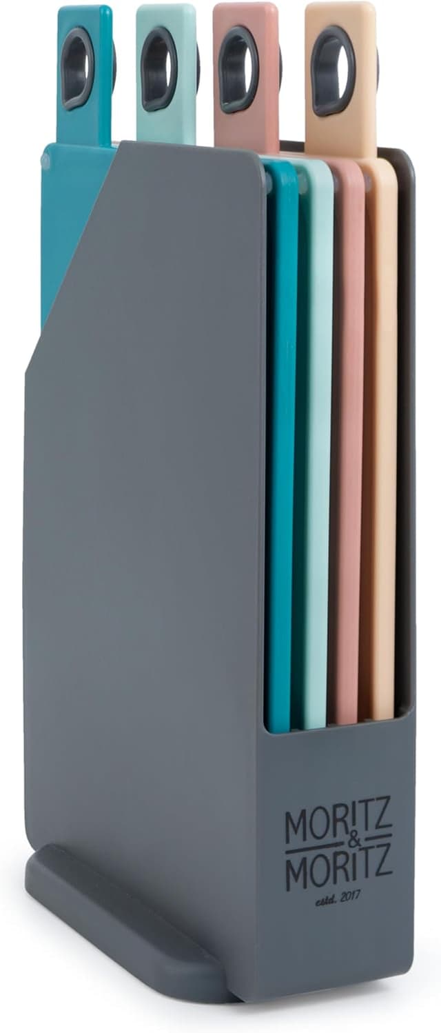 Detalle de Moritz & Moritz Set aus 4 Frühstücksbrettchen mit Ständer (20,5 x 14,5 cm) – spülmaschinenfest, bunte Schneidebretter aus Kunststoff