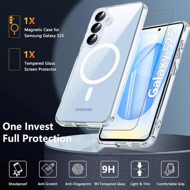 Detalle 2 de OWKEY for Samsung Galaxy S25 Case (MagSafe Compatible, Clear) with Tempered Glass Screen Protector