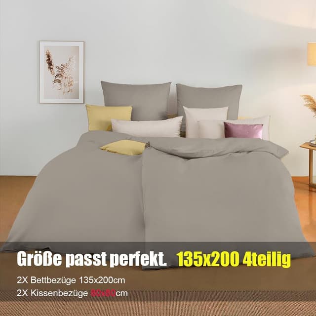 Thumbnail 6 de Soifox Bettwäsche 135x200 4-teilig Taupe/Natur – Mikrofaser, bügelfrei, mit Reißverschluss