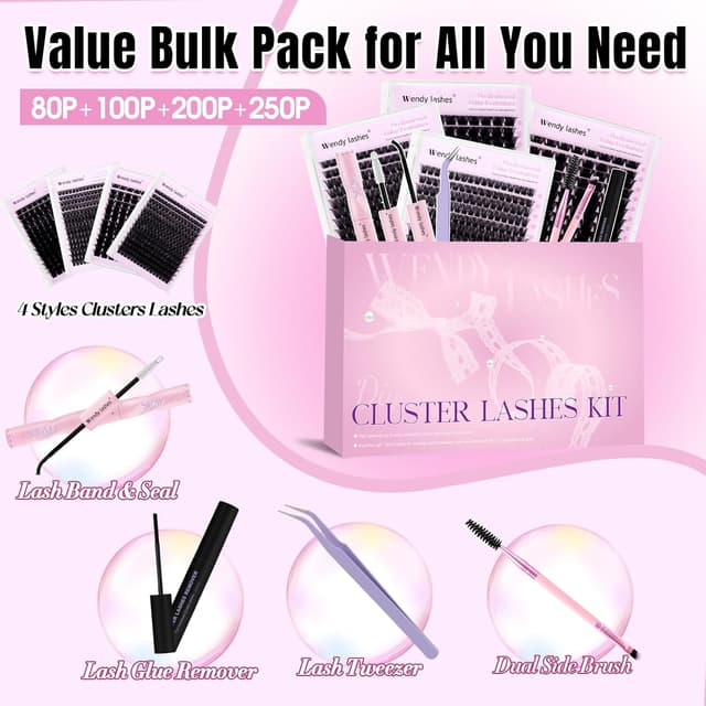 Detalle de Wimpern-Extensions-Set 8-teilig mit D-Curl Lash-Clustern (10–18 mm) inkl. Bond & Seal, Kleberentferner, Pinzette & Bürste